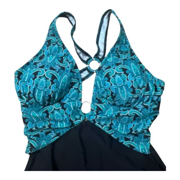 Venus Black Turquoise Print One-Piece Swimsuit Cross Strap Womens Plus Size 18 - Picture 2 of 11